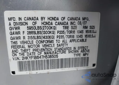 2007 Honda Pilot Ex-L z USA, uszkodzony, nr VIN 2HKYF18647H538505
